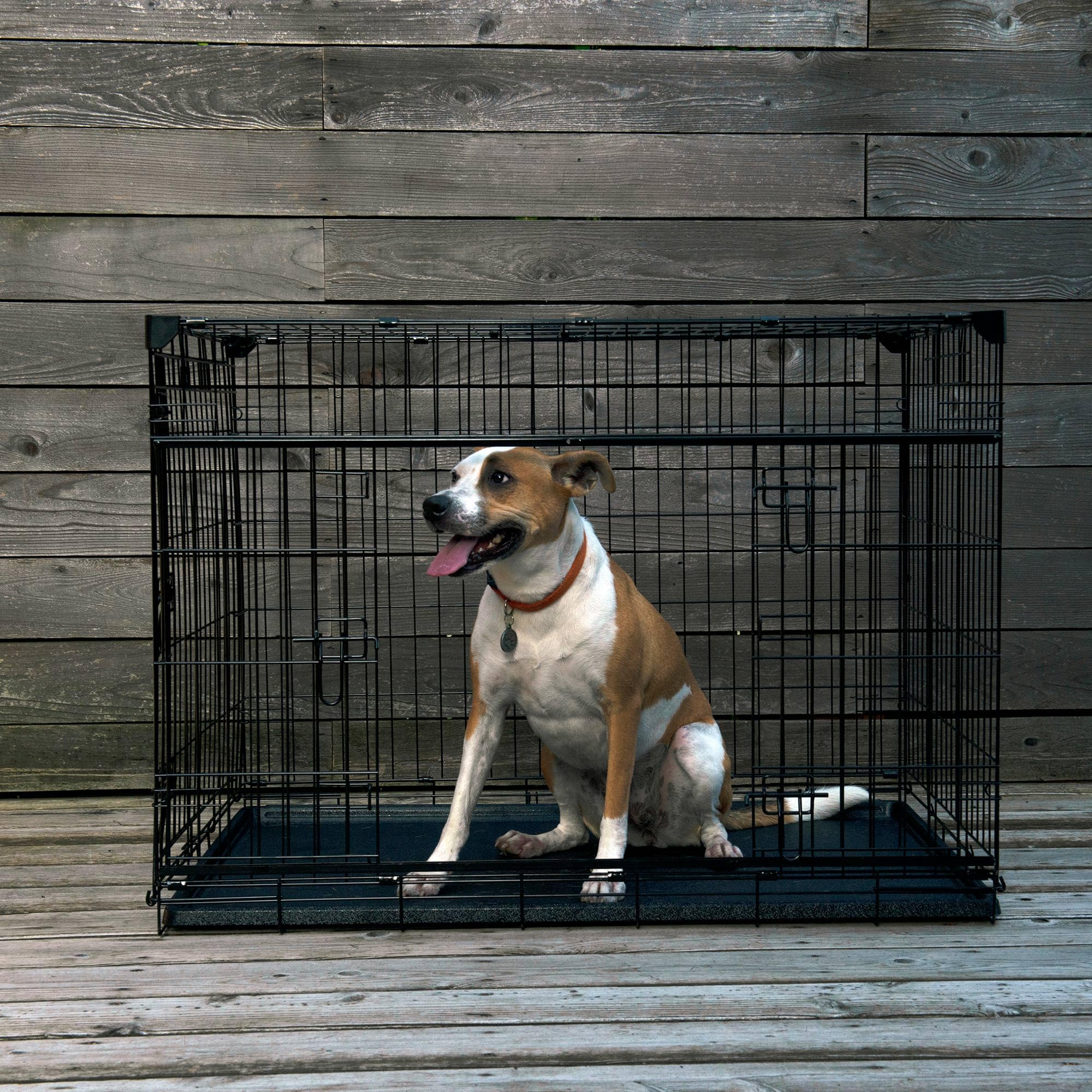 Lucky Dog Dwell Series 42 Inch Large Lightweight Kennel Secure Fenced Pet Dog Crate w/Divider Panels, Sliding Doors, and Removab